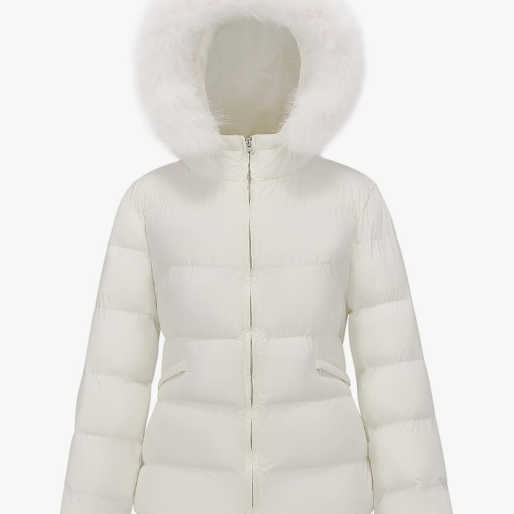 Women's White Puffer Jacket with Faux Fur Hood